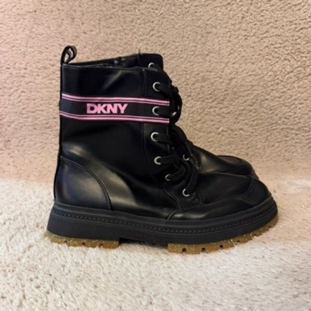 DKNY Combat Boots Kids Girls Size 3 Black Pink Logo Strap DKN1340-1FF NEW